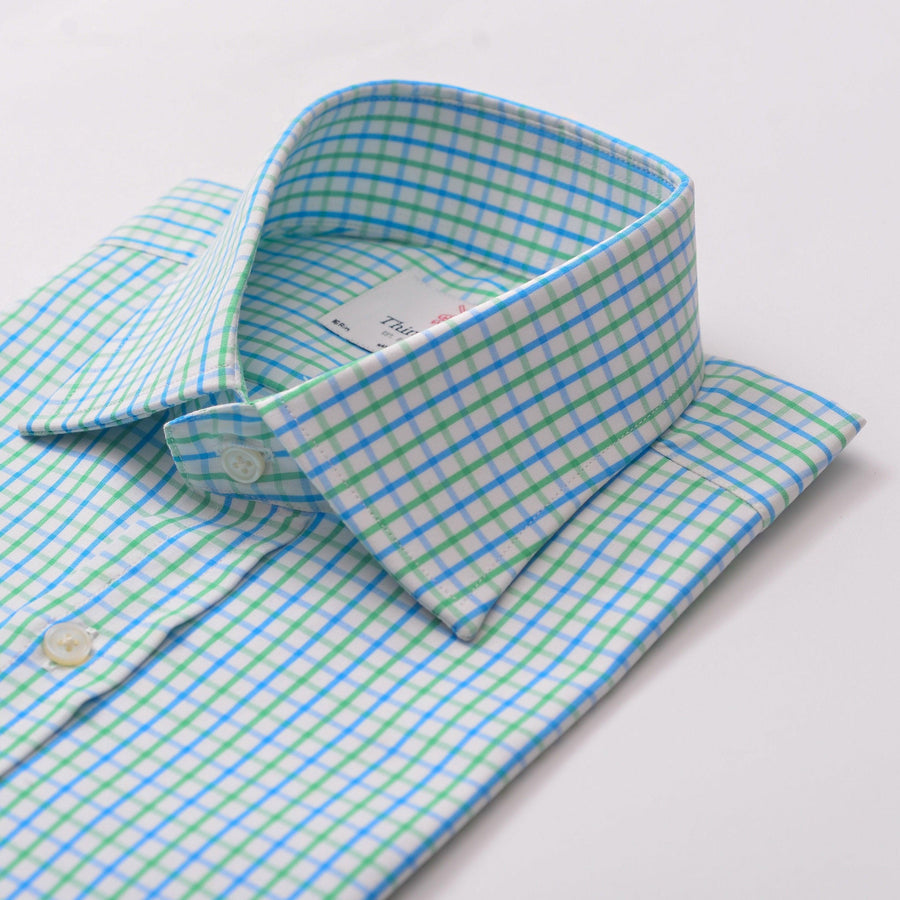 DOUBLE GINGHAM BLUE & GREEN SLIM SHIRT - THIN RED LINE 