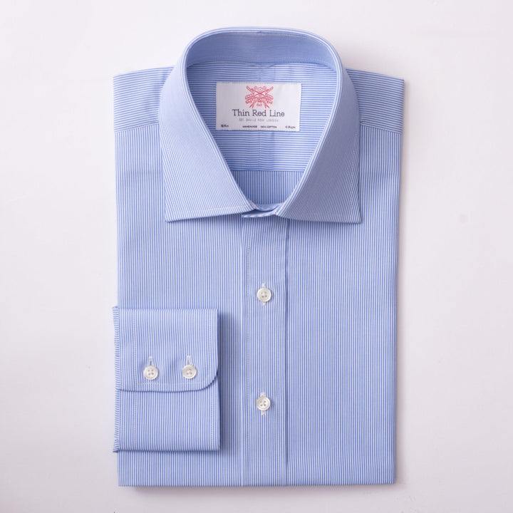 SMALL BENGAL STRIPE AZURE SLIM SHIRT - THIN RED LINE 