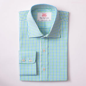 DOUBLE GINGHAM BLUE & GREEN SLIM SHIRT - THIN RED LINE 