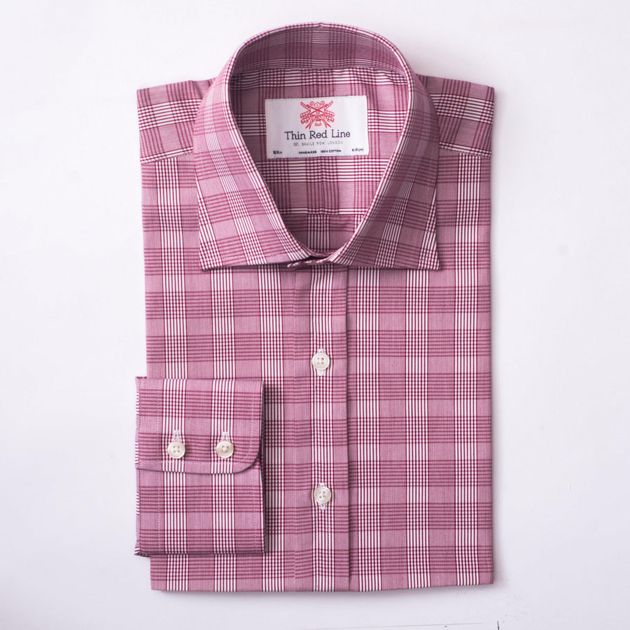 PRINCE OF WALES CHECK BURGUNDY CLASSIC SHIRT - THIN RED LINE 